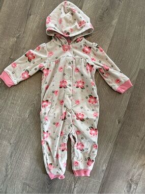Carter's Cream and Pink Floral Hooded Fleece One-Piece